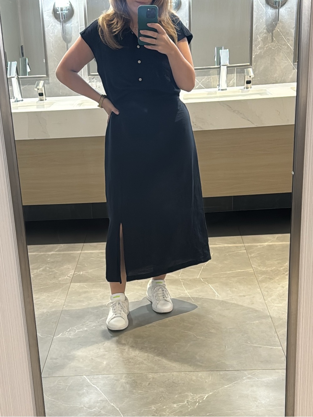 Classic Navy Midi Dress with Button Bodice and Front Slit